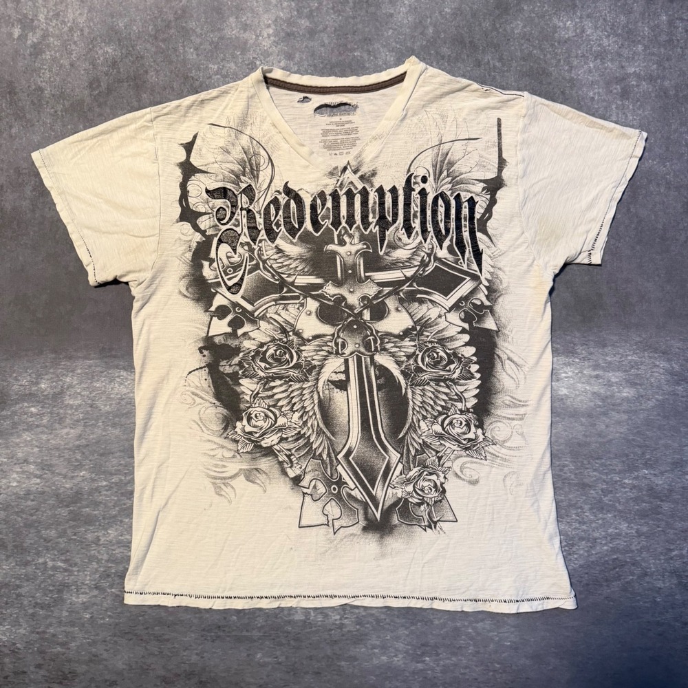 Y2K Route 66 Redemption Gothic Cross Graphic V-Neck Tee Distressed Cream Men M